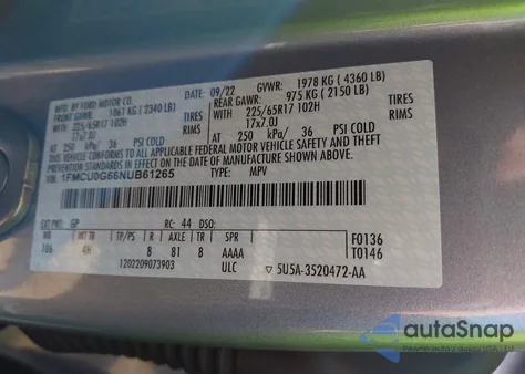 2022 Ford Escape Se z USA, uszkodzony, nr VIN 1FMCU0G66NUB61265